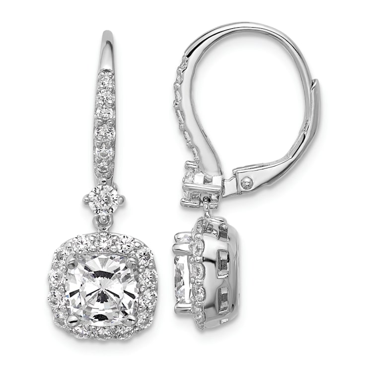 Rhodium Over Sterling Silver Cushion-cut Cubic Zirconia Halo Dangle
Leverback Earrings