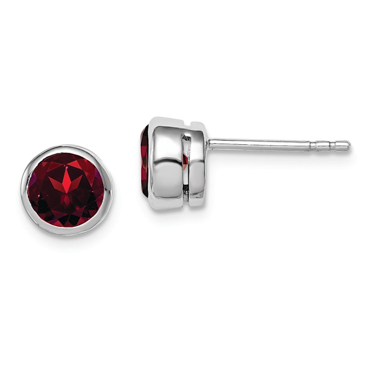 Rhodium Over Sterling Silver Garnet Circle Stud Earrings