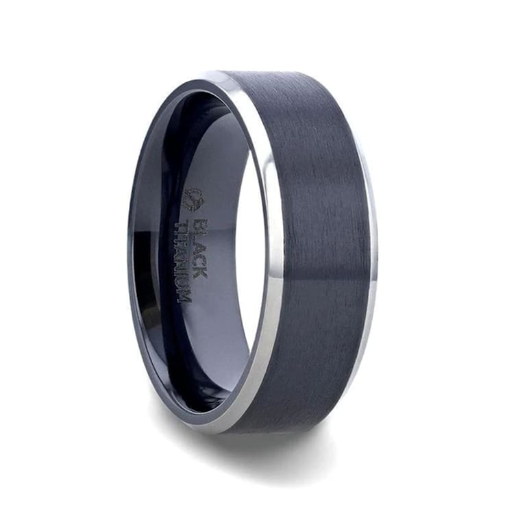 ATNOS Brushed Black Center Polished Beveled Edges Men’s Titanium Wedding
Ring 8mm