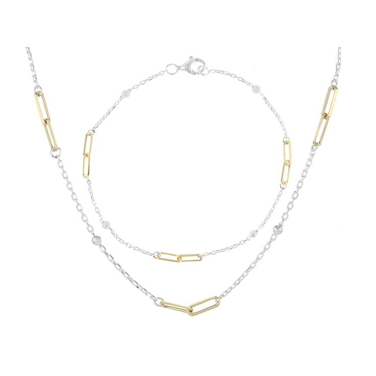 Two-Tone Paperclip Station Necklace And Bracelet Set In Sterling Silver
With 18K Gold Over Sterling Silver