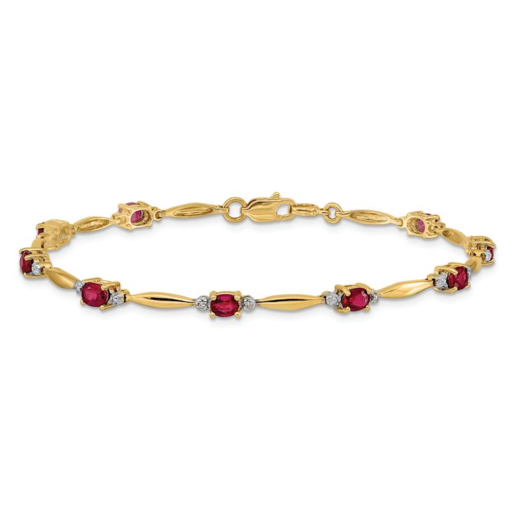 10k Yellow Gold and Rhodium Over 10k Yellow Gold Diamond and Oval Ruby Bracelet