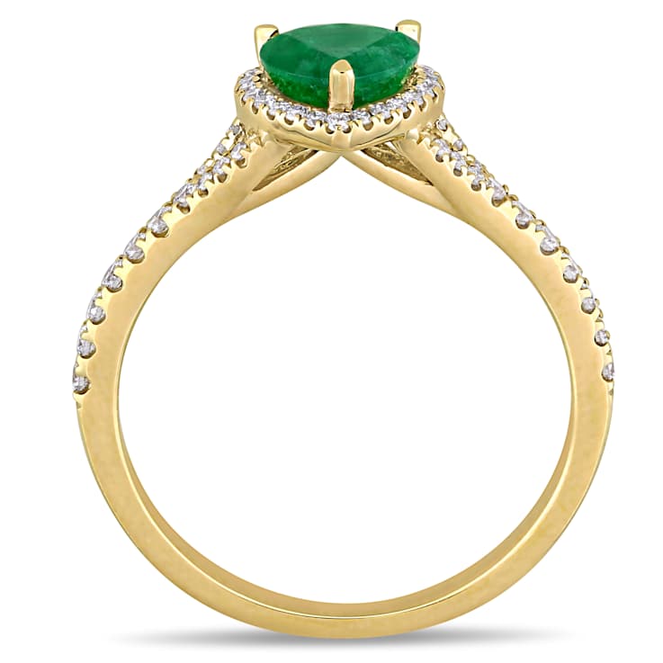 Emerald and Diamond 14K Yellow Gold Heart Halo Ring 0.92ctw