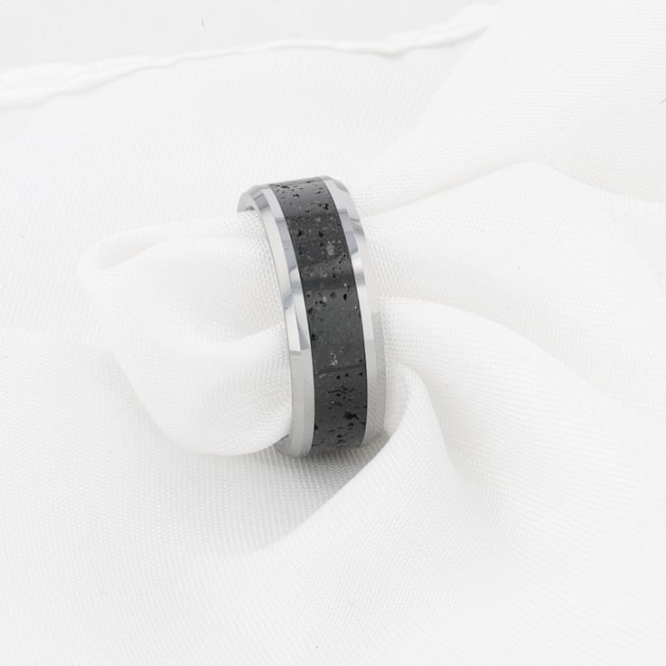 KILAUEA Men’s Polished Tungsten Wedding Band with Lava Rock Stone Inlay
w/Polished Beveled Edges 8mm