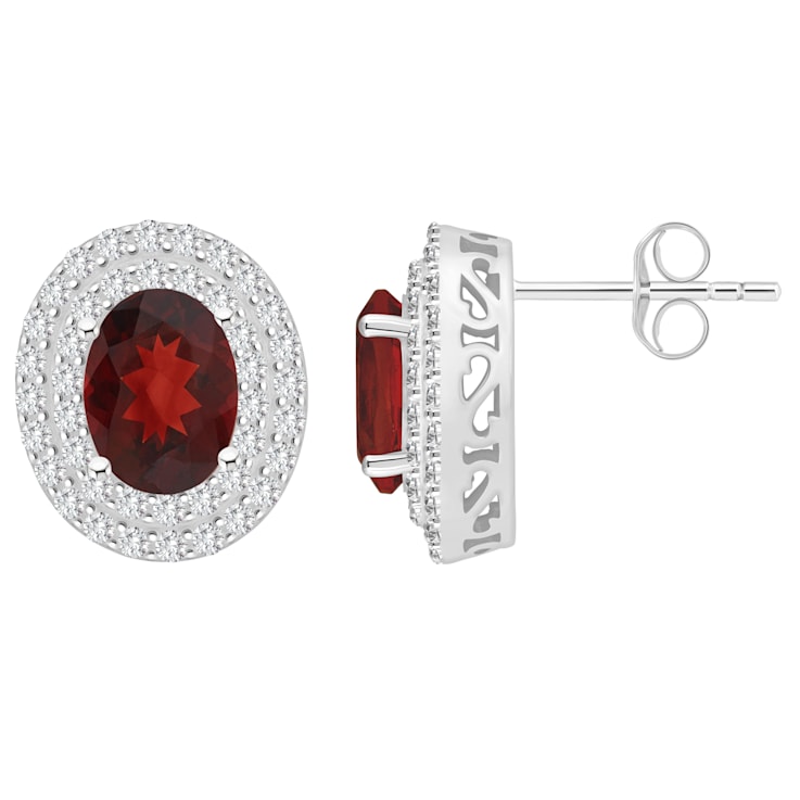 8x6mm Oval Garnet And White Topaz Accent Rhodium Over Sterling Silver
Double Halo Stud Earrings