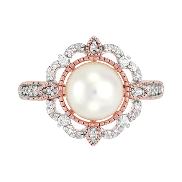 8-8.5mm Round White Freshwater Pearl with 0.20ctw Diamond 10K Rose Gold
Flower Ring