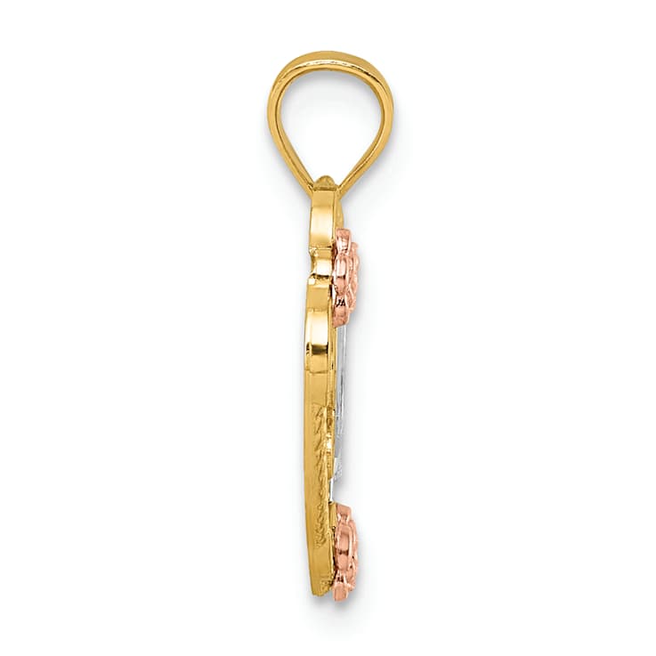 14K Tri-color Gold Polish Love Floral And Bird Heart Pendant