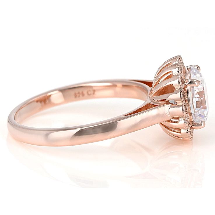 Round CZ Ring With Halo In 18K Rose Gold Over Sterling Silver