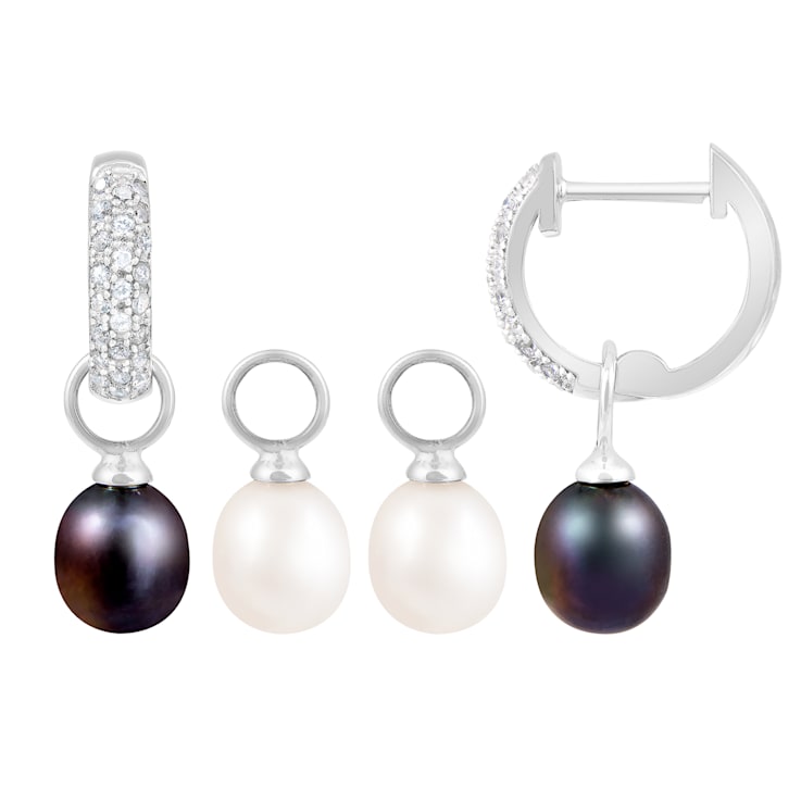 7-8mm White Black Cultured Freshwater Pearl and Cubic Zirconia Rhodium
Over Sterling Silver Earrings
