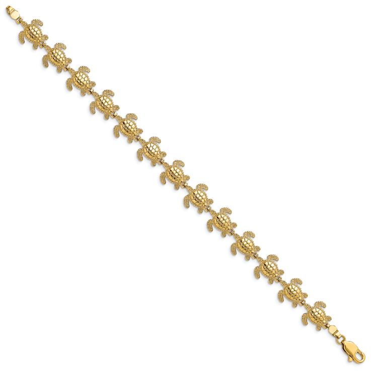 14k Yellow Gold Polished and Textured Mini Sea Turtle Link Bracelet