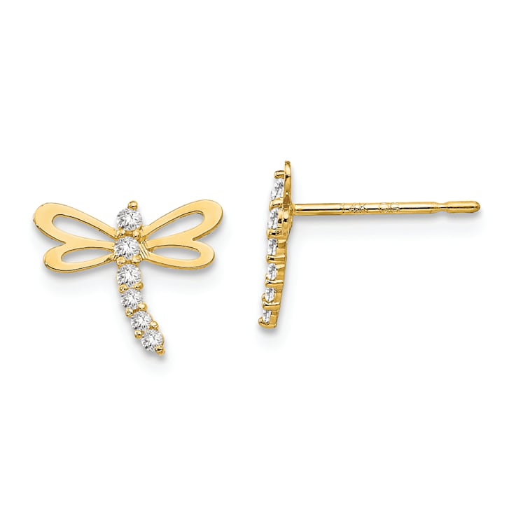14K Yellow Gold Cubic Zirconia Children's Dragonfly Post Earrings