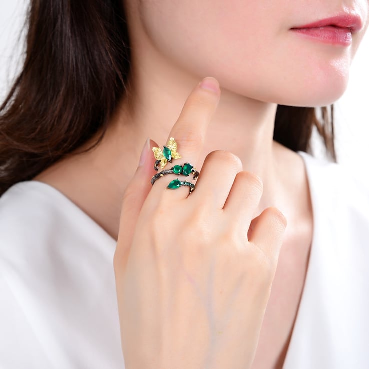 Green Agate and Nanocrystal 14K Gold Over and Black Rhodium Over
Sterling Silver Butterfly Ring