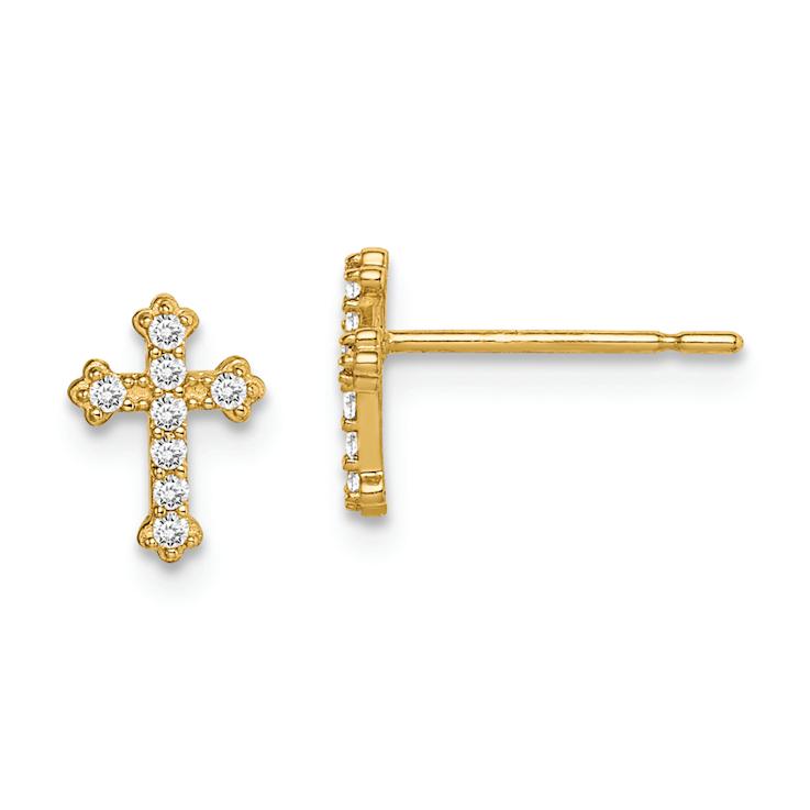 14k Yellow Gold Children's Cubic Zirconia Cross Stud Earrings