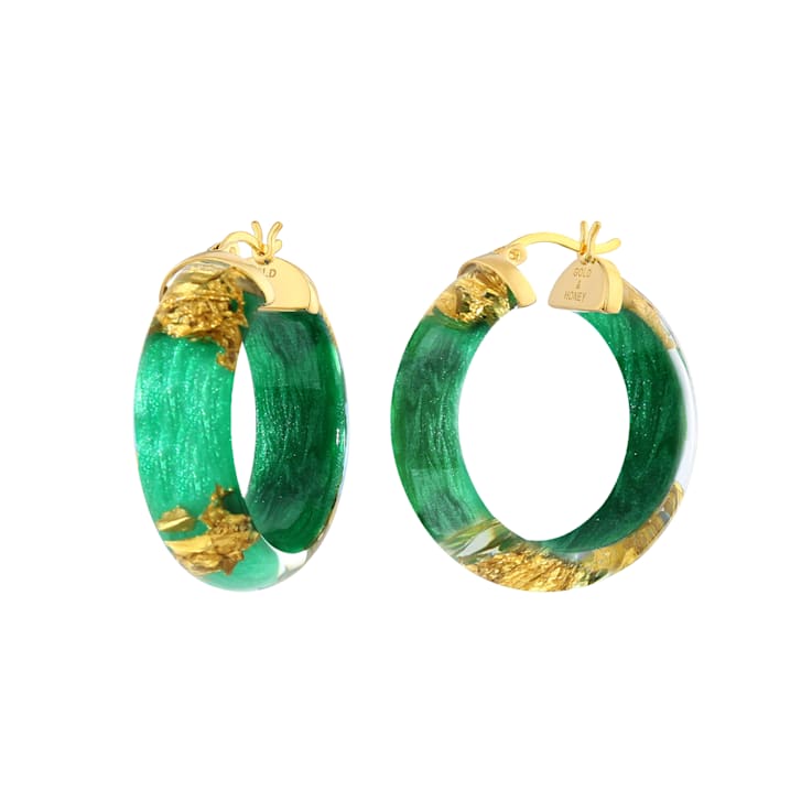 14K Yellow Gold Over Sterling Silver Mini Gold Leaf Acrylic Hoops in Green