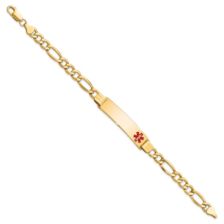 10k Yellow Gold Polished Medical Red Enamel Figaro Link ID Bracelet