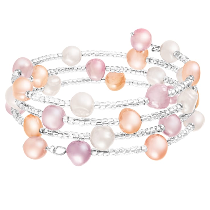 Sterling Silver Rhodium Plated Triple Row Freshwater Pearl Coil Bracelet