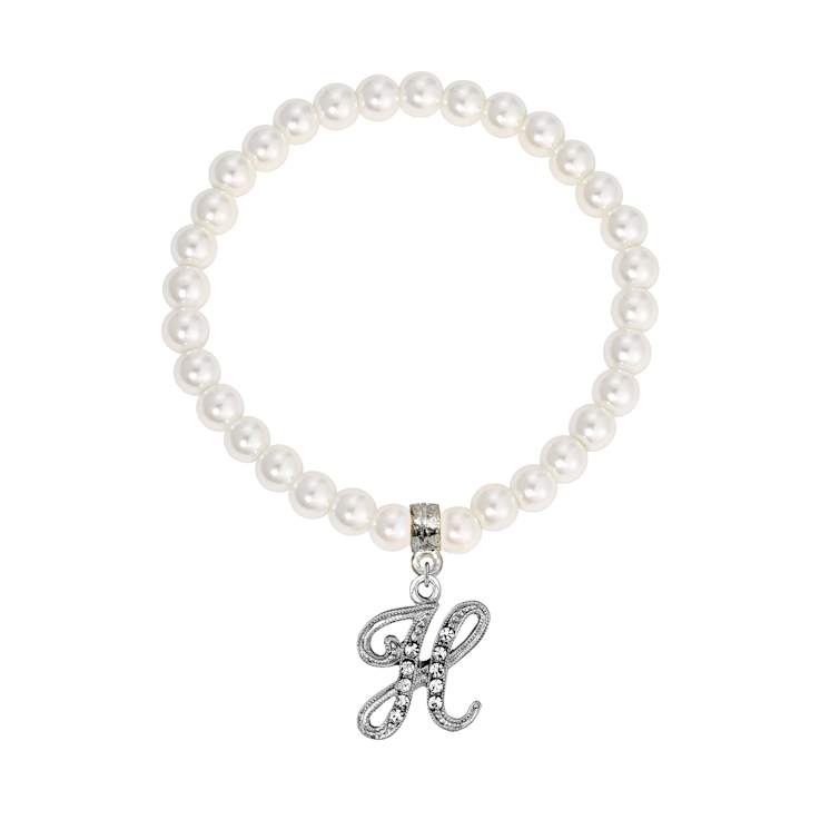 White Faux Pearl Bead Initial Charm Stretch Bracelet