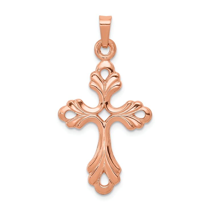 14k Rose Gold Polished Fleur-de-Lis Cross Pendant