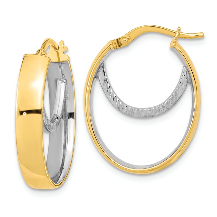 14K Two-tone Gold Polished and Diamond-Cut 15/16" Fancy Oval Hoop Earrings