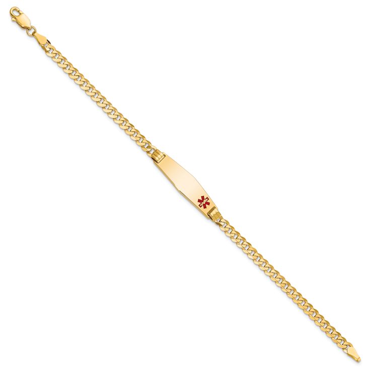 10k Yellow Gold Medical Soft Diamond Shape Red Enamel Curb Link ID Bracelet