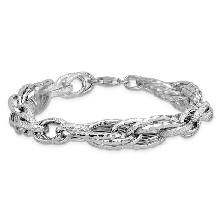 Rhodium Over Sterling Silver Polished and Textured Fancy Link Bracelet