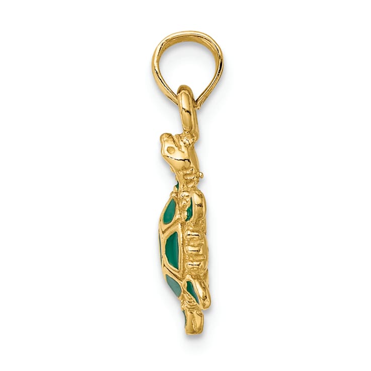14k Yellow Gold 3D Green Enamel Land Turtle Pendant