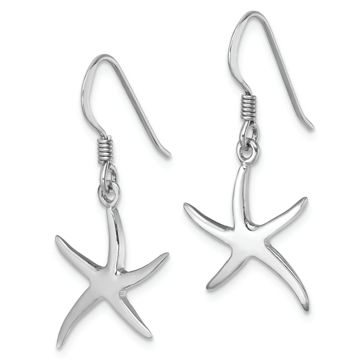 Rhodium Over Sterling Silver Polished Starfish Dangle Earrings