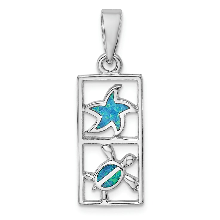 Rhodium Over Sterling Silver Blue Lab Created Opal Starfish Turtle Pendant
