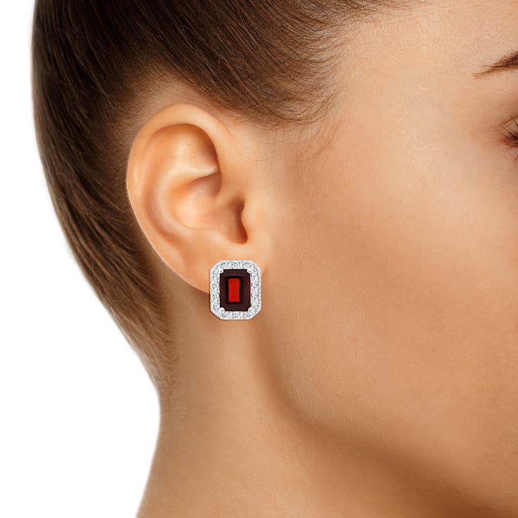 8x6mm Emerald Cut Garnet And White Topaz Accent Rhodium Over Sterling
Silver Halo Stud Earrings