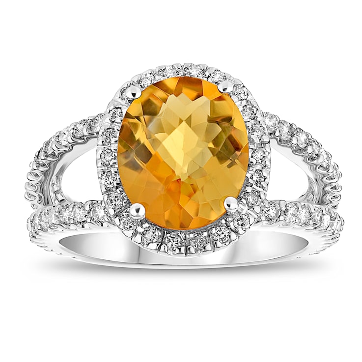 Citrine and Diamond 14k White Gold Halo Split Shank Ring 3.60ctw