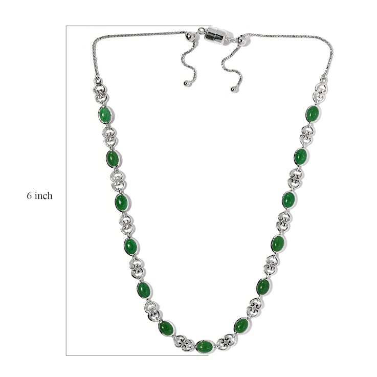 Sterling Silver Oval Green Jadeite and White Zircon Necklace 13.38ctw