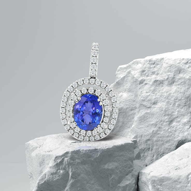 14K White Gold Oval Tanzanite and Diamond Pendant 2.02ctw