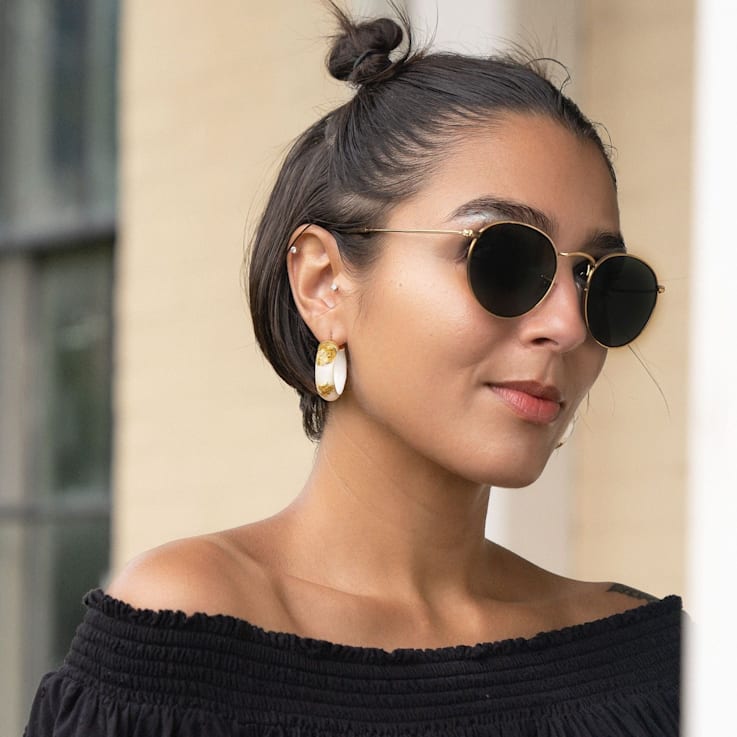 14K Yellow Gold Over Sterling Silver Mini Gold Leaf Acrylic Hoops in White