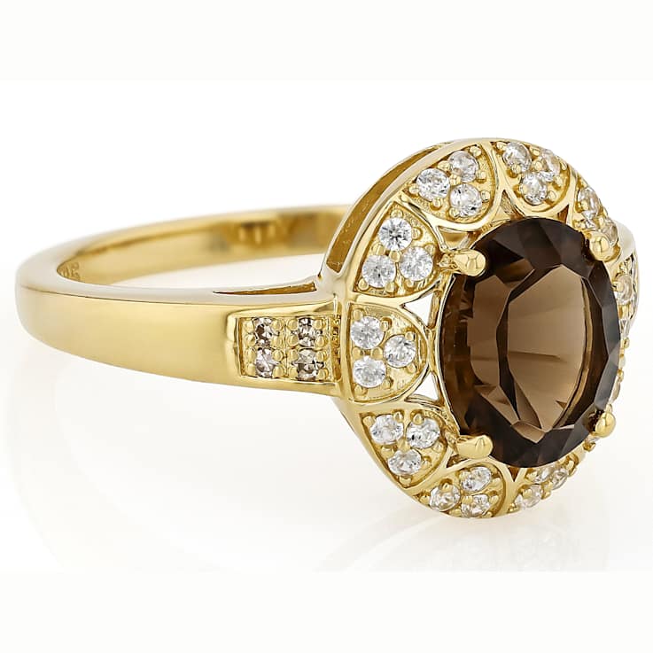 Smoky Quartz, Champagne Diamond And White Zircon Ring In 18K Gold Over
Sterling Silver 1.80ctw