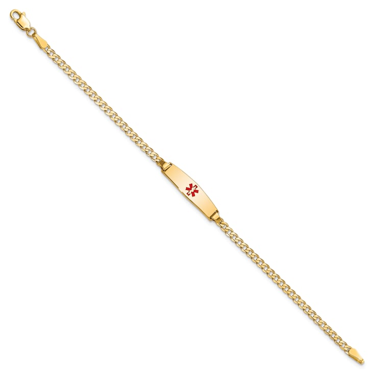 14k Yellow Gold Medical Soft Diamond Shape Red Enamel Curb link ID Bracelet