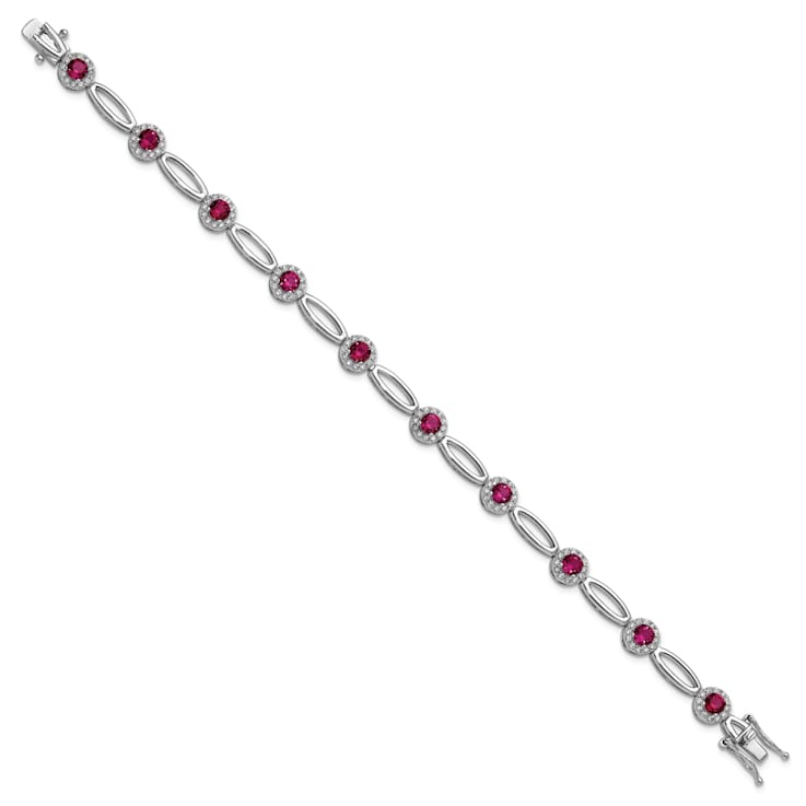 Rhodium Over Sterling Silver Fancy Lab Created Ruby and Cubic Zirconia Bracelet