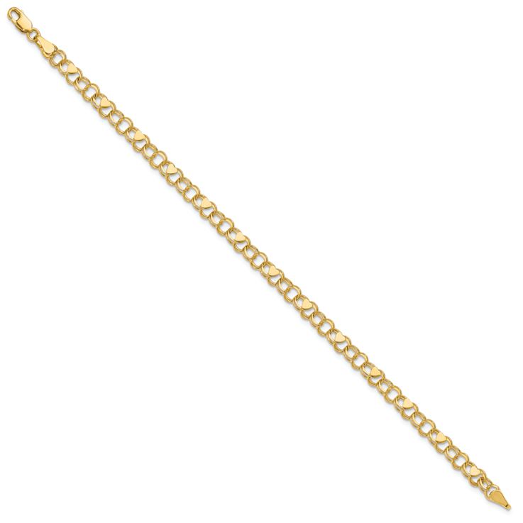 14k Yellow Gold 4mm Double Link Hearts Charm Bracelet