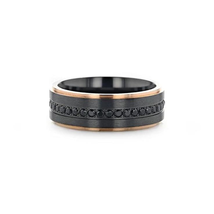 ASTRO Flat Brushed Black Titanium Ring with Rose Gold Plated Edge and
Black Sapphire Settings 8mm