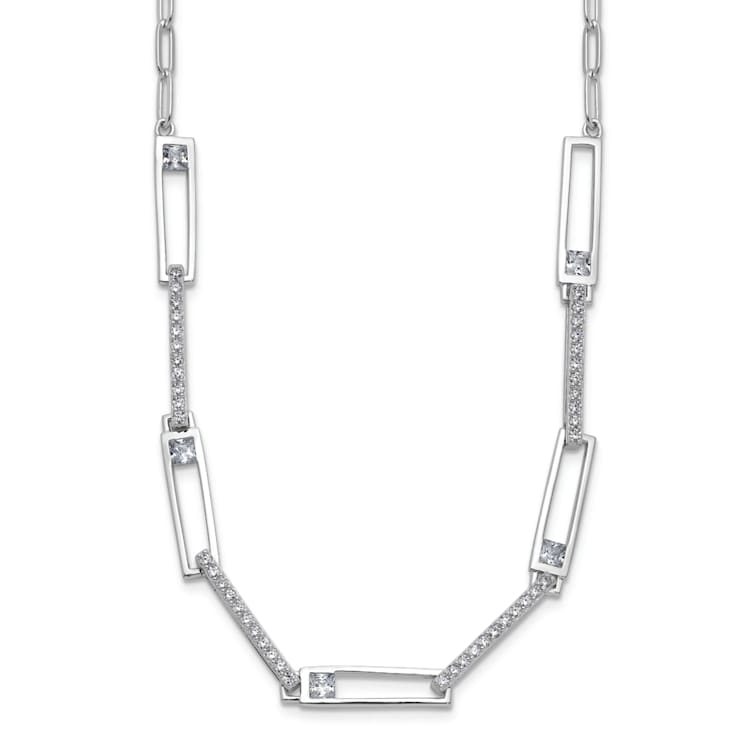 Rhodium Over Sterling Silver Fancy Cubic Zirconia Paperclip Link Necklace