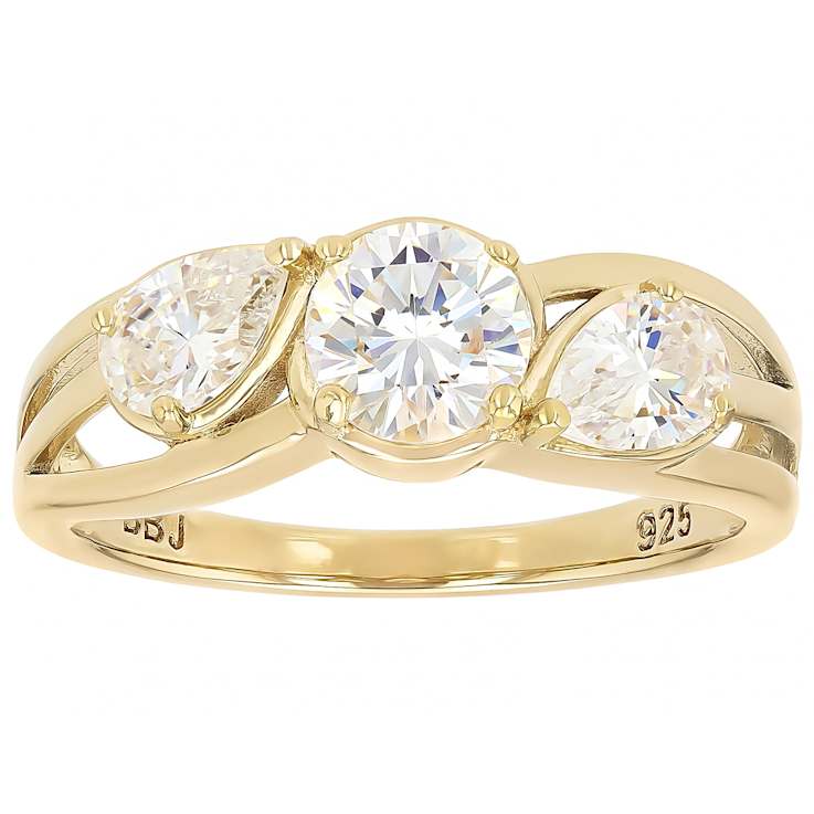Diamond Simulant Round And Pear Three-Stone Ring In 18K Gold Over
Sterling Silver 2.24ctw