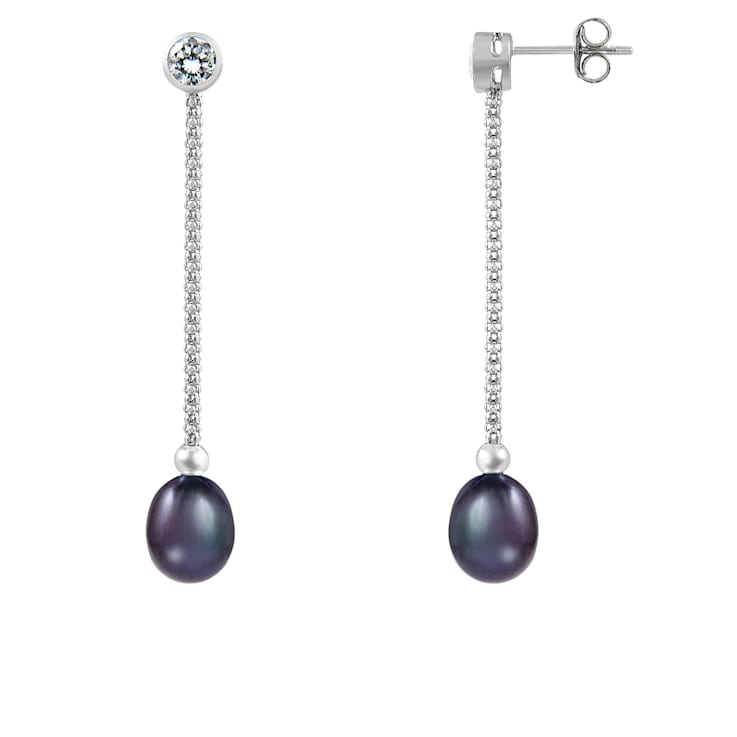 7.5-8mm Black Cultured Freshwater Pearl Rhodium Over Sterling Silver Earrings