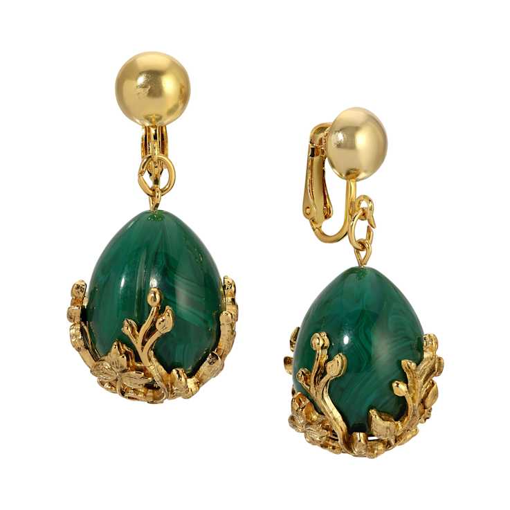Gold Tone Green & Gold Bead Drop Clip Earrings