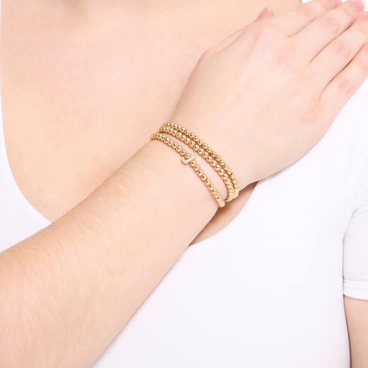 Initial J CZ Beaded Bracelet Set In 14K Gold Over Brass 0.07ctw