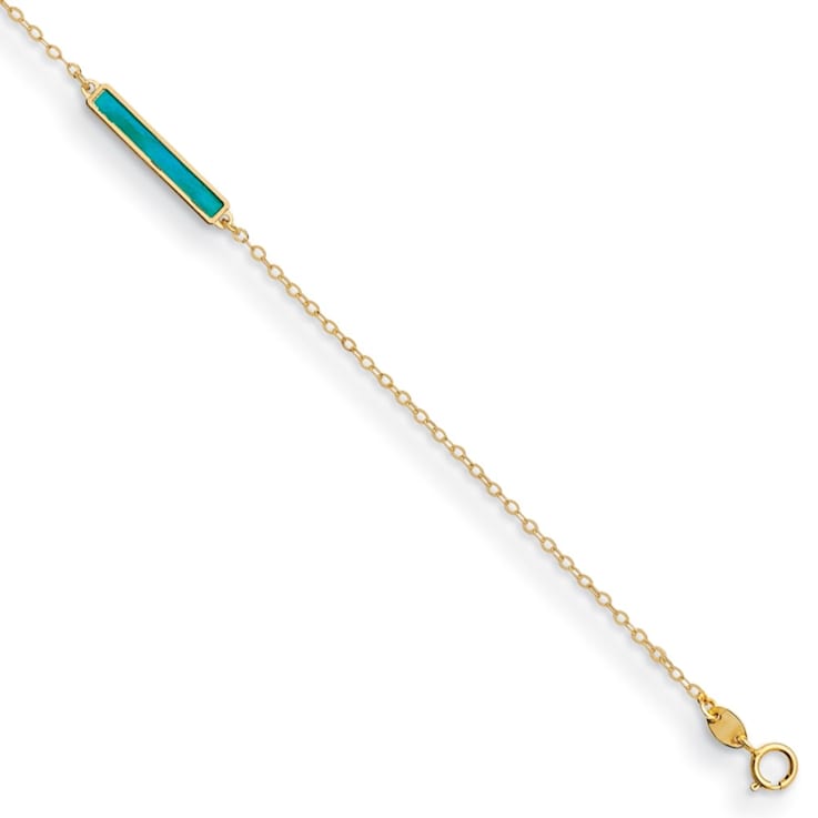 14K Yellow Gold White Mother of Pearl and Teal Color Bar 7-inch Bracelet