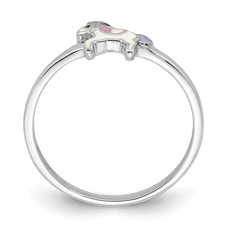 Rhodium Over Sterling Silver Multi-color Enameled Unicorn Children's Ring
