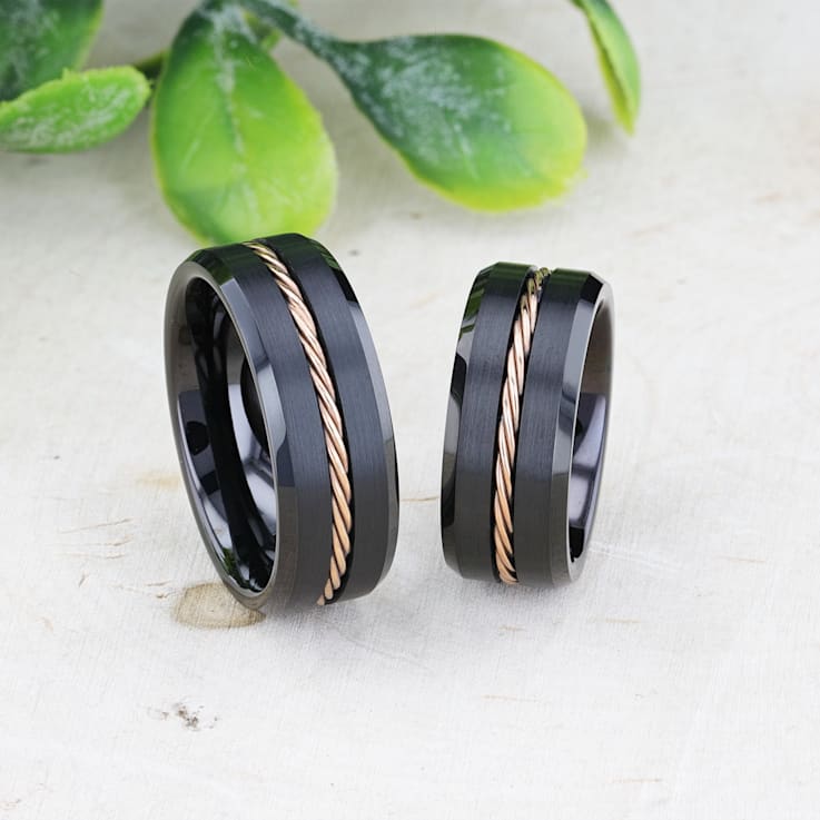 ADELARD Rose Gold Braided Brushed Center Black Tungsten Wedding Band
With Polished Beveled Edges 8mm
