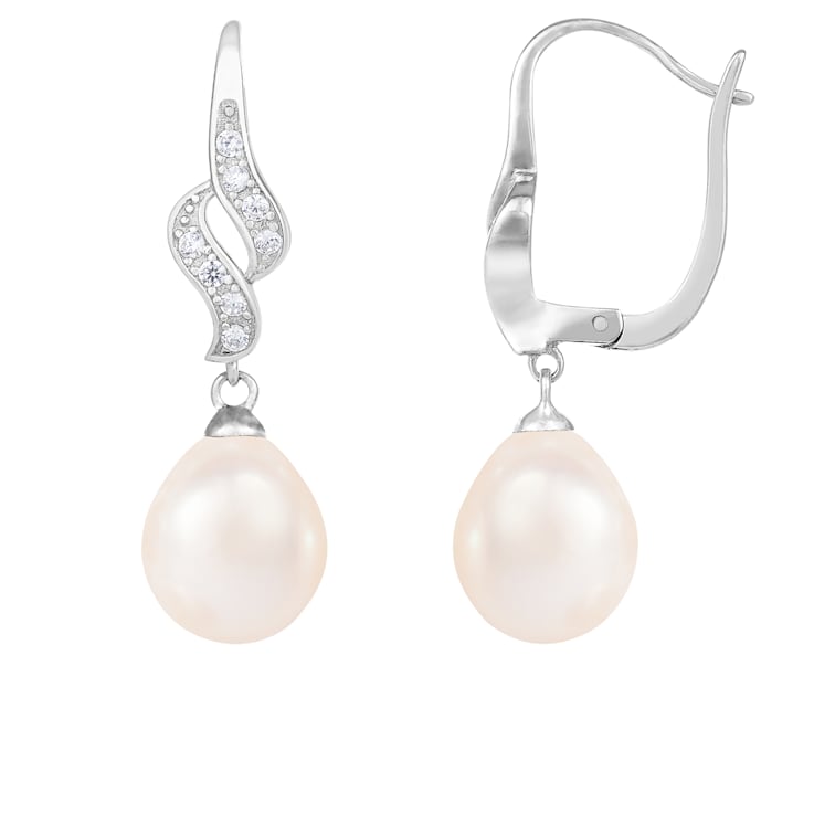 7-7½mm White Cultured Freshwater Pearl and Cubic Zirconia Rhodium Over
Sterling Silver Earrings