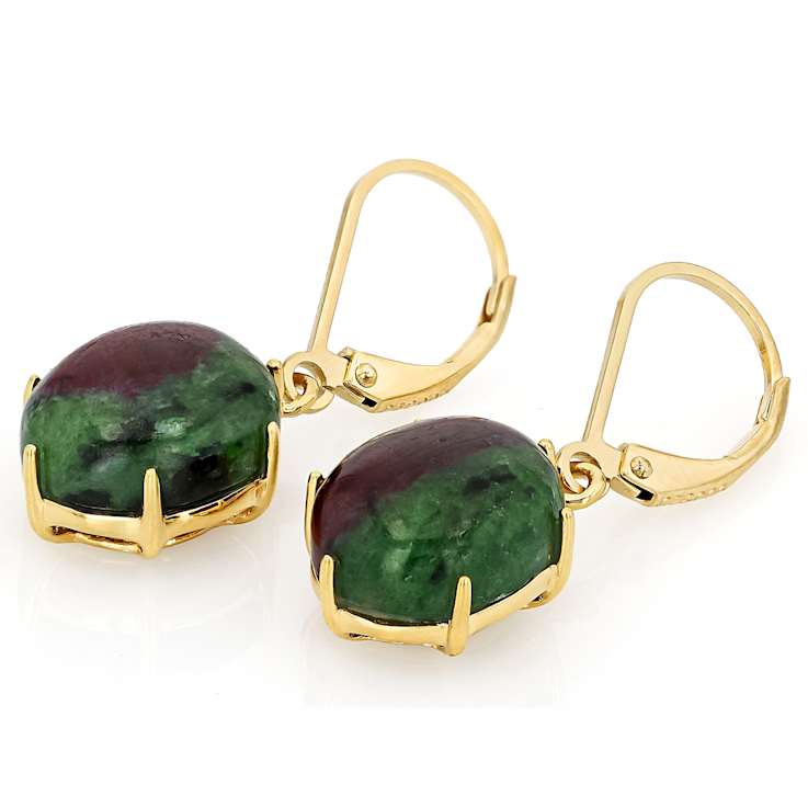 Ruby Zoisite Oval Dangle Earrings In 18K Gold Over Sterling Silver 12x10mm