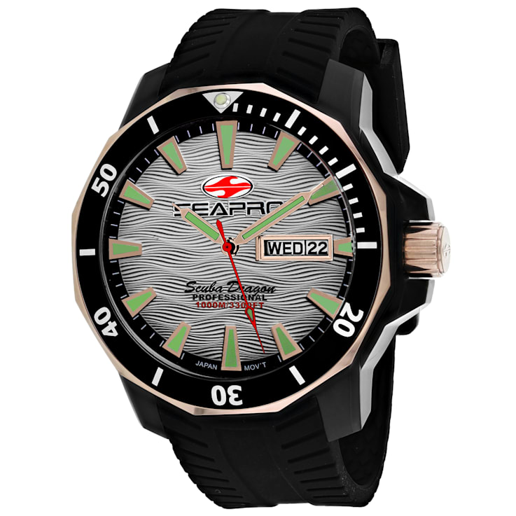 Seapro Men's Scuba Dragon Diver Limited Edition White Dial, Rose Accent
Bezel, Black Silicone Watch