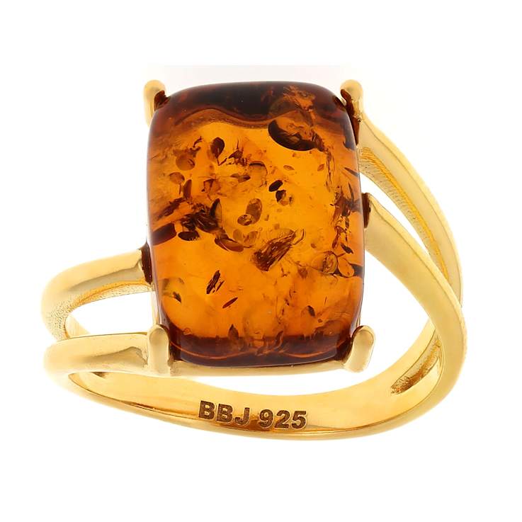Amber Rectangular Cushion Solitaire Ring In 18K Gold Over Sterling
Silver 14x10mm
