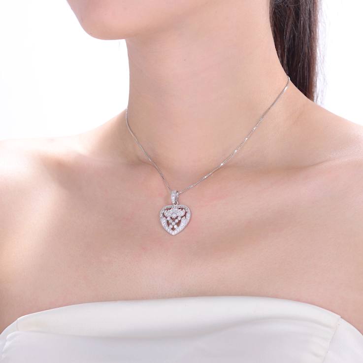 CZ Intricate Heart Pendant Necklace In Sterling Silver